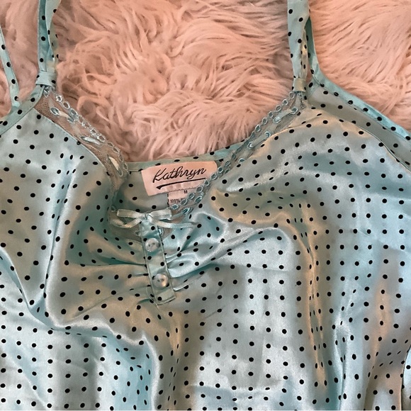 Vintage Satin PJ Set Tiffany blue polka dots y2k cute size medium - Picture 4 of 4